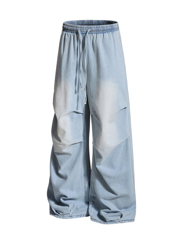 E6697  Men's 10.8 OZ Laser Etching Elastic Waist Baggy Parachute Denim Jeans