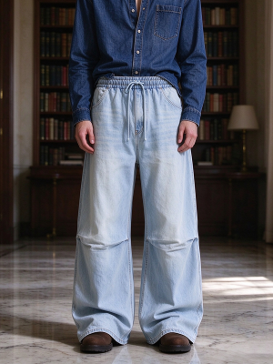 1791815225164029.png E6697 Men's Laser Etching Elastic Waist Baggy Parachute Denim Jeans