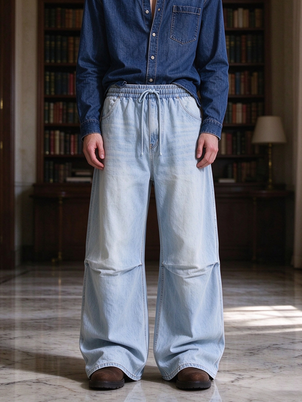 E6697  Men's 10.8 OZ Laser Etching Elastic Waist Baggy Parachute Denim Jeans